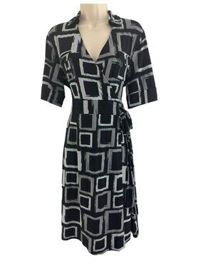 Apt. 9 Black Gray Geometric Print Short Sleeve Faux-Wrap Dress‎ Side Tie Size L